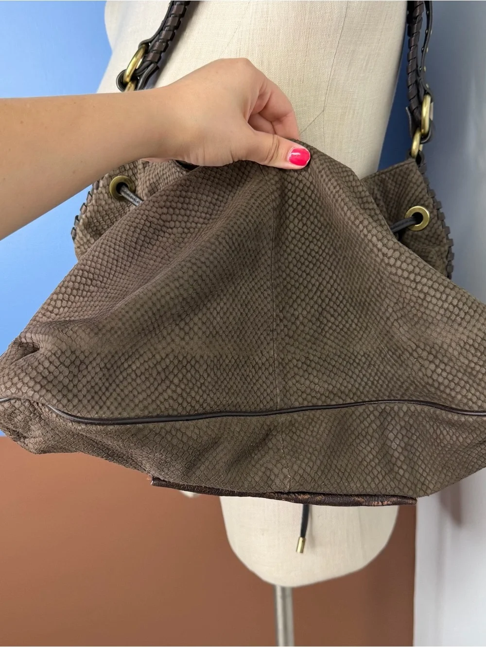 Donald J Pliner Women's Brown Drawstring Suede Snakeskin Shoulder Bag